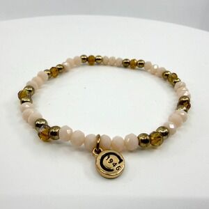 Dainty Blush Bead Stretch Bracelet Gold Tone 1946 Charm Stacking Minimalist Boho